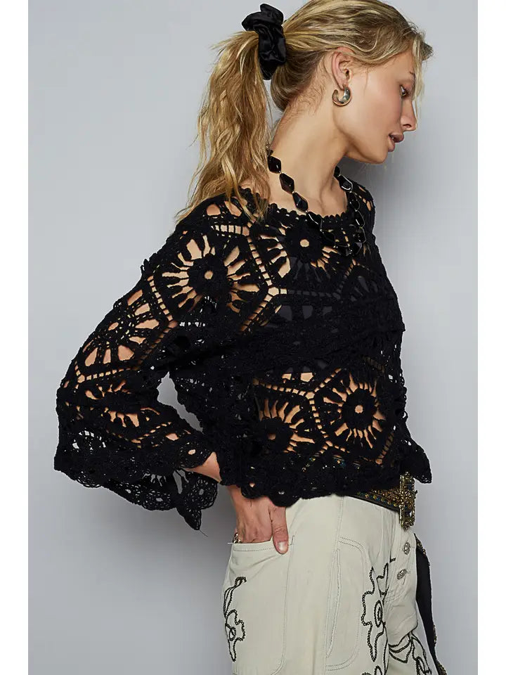 POL Black Round Neck 3/4 Sleeve Crochet Cropped Top