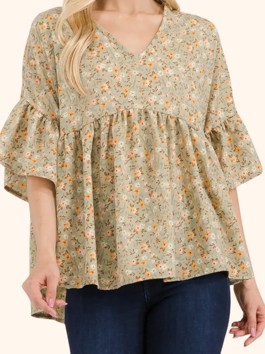 Sage Flowy Floral Empire Tunic Top
