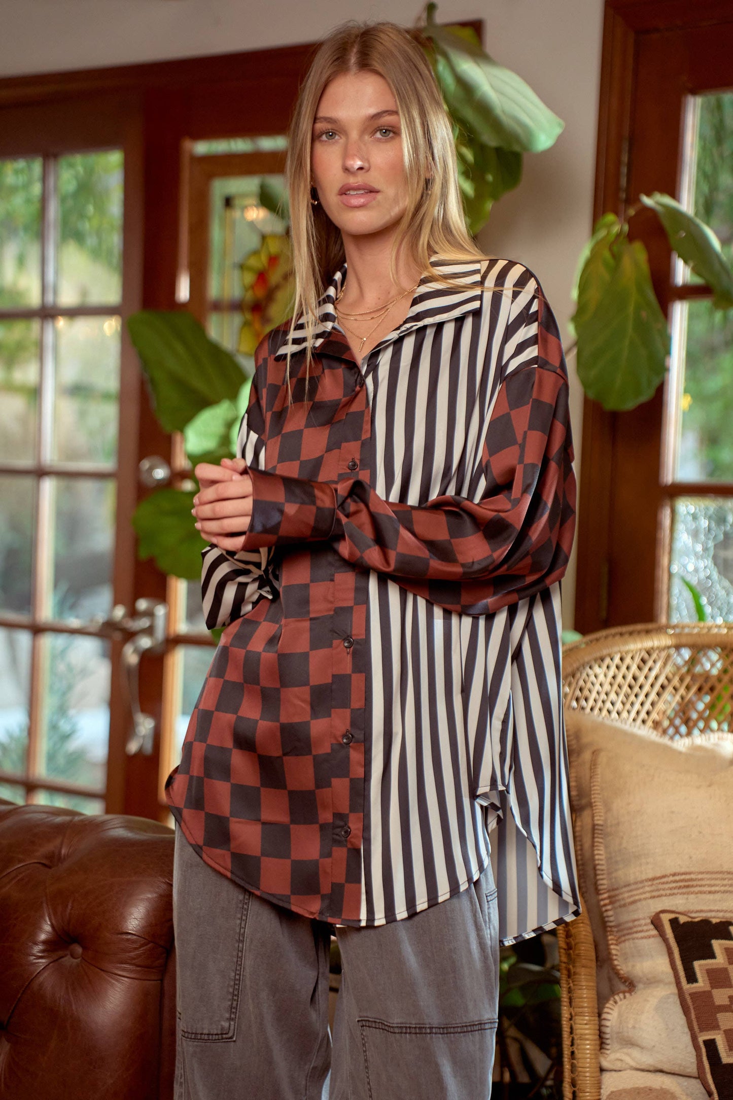 JADE BY JANE - PLUS SIZE SPLIT DECISION CHECKER-STRIPE BLOUSE