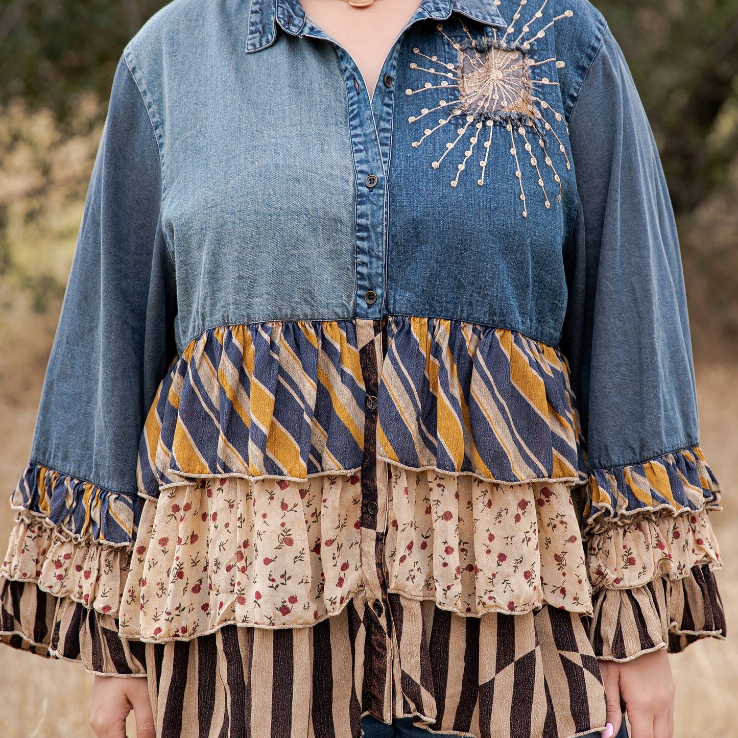 Young Threads - Vintage Boho Denim Yoke Patchwork Tiered Tunic Top  NEW
