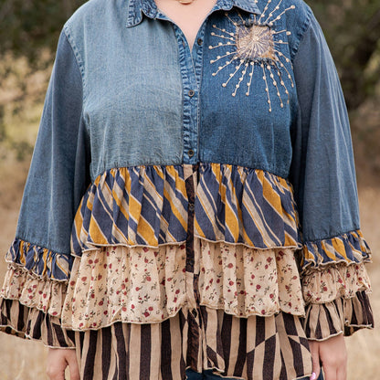 Young Threads - Vintage Boho Denim Yoke Patchwork Tiered Tunic Top  NEW