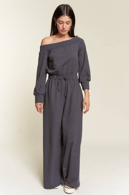 Curvy Line Off Shoulder Terry Knit Jumpsuit