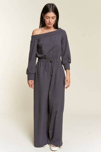 Curvy Line Off Shoulder Terry Knit Jumpsuit