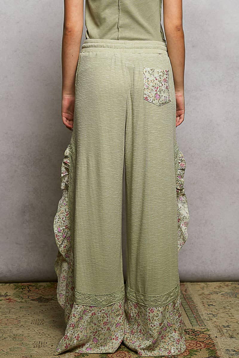 Pol Clothing - Floral Pattern Ruffle Detail Ribbed Knit Pants
