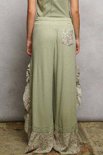 Pol Clothing - Floral Pattern Ruffle Detail Ribbed Knit Pants