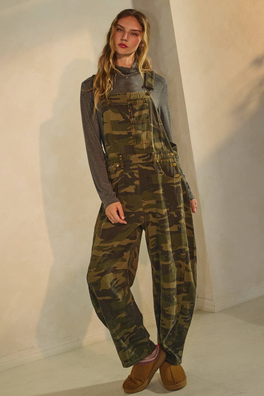 Oddi - Curvy Camo Denim Barrel Overall Jumpsuit