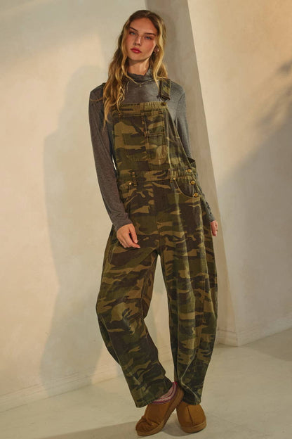 Oddi - Curvy Camo Denim Barrel Overall Jumpsuit