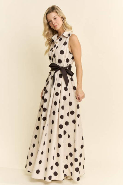 BLACK-POLKA DOT BUTTON DOWN BELTED SLEEVELESS SHIRT DRESS