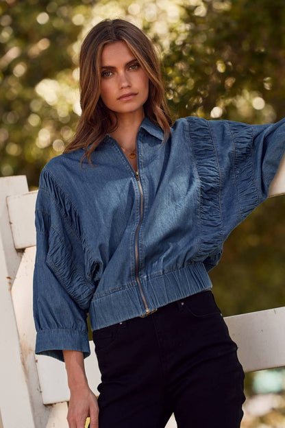 Curvy Ruched Denim Zip-up Jacket