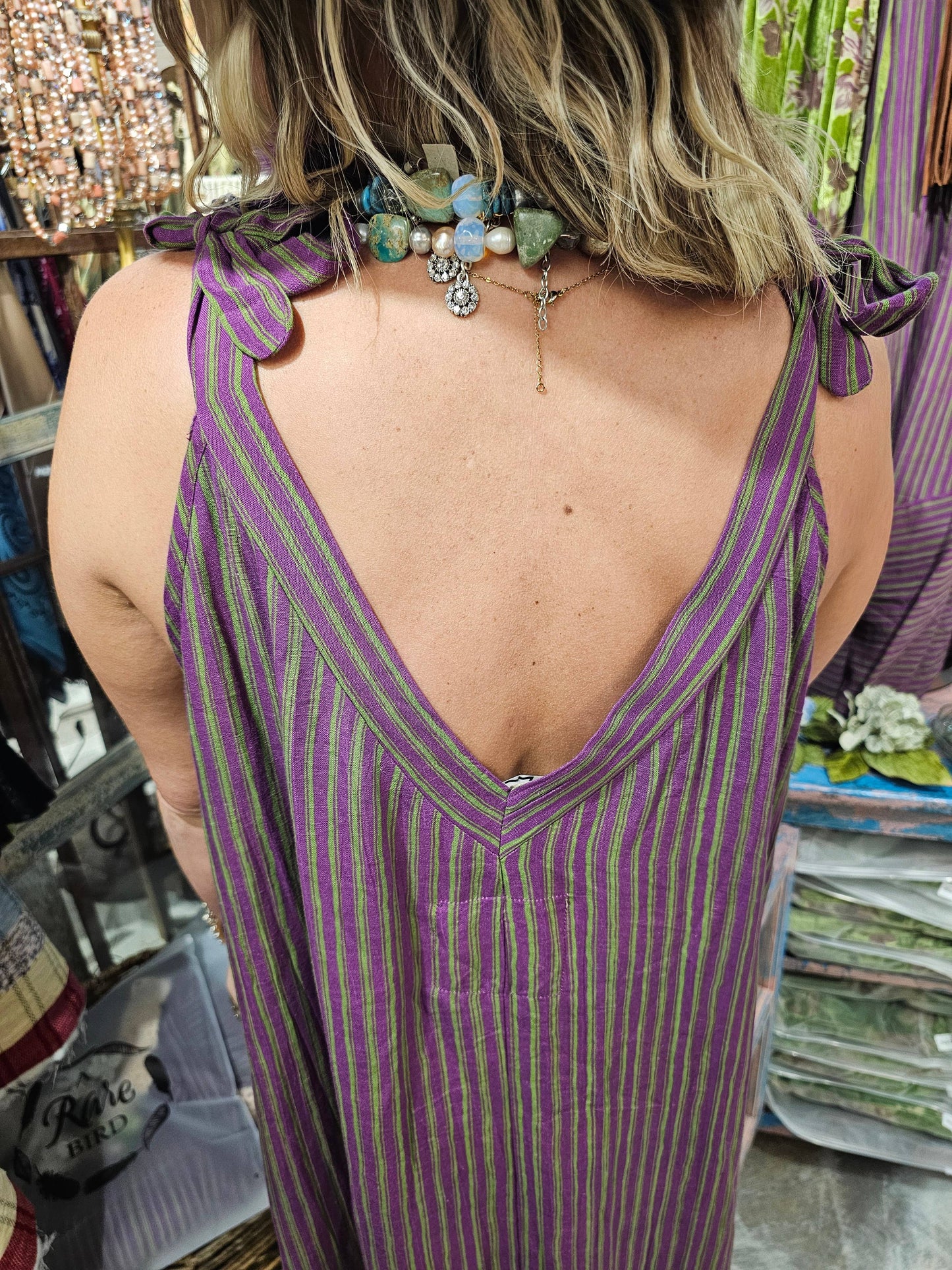A Rare Bird Shop - Elegant Purple/Green Stripe Lace Dress