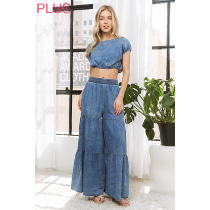 Sweet Generis -  CHIC DENIM ELASTIC WAIST BAND WIDE LEG FLARED PANTS