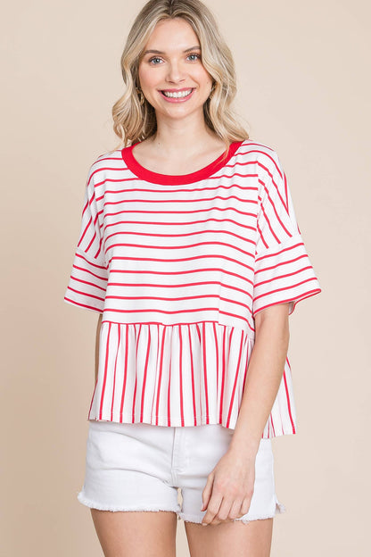 Coral Striped Babydoll Short Sleeve Top