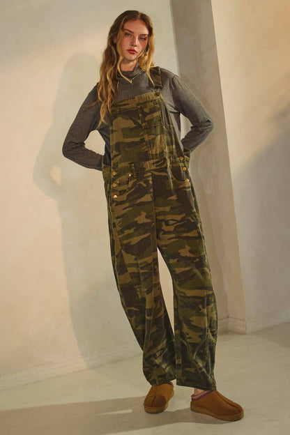 Oddi - Curvy Camo Denim Barrel Overall Jumpsuit