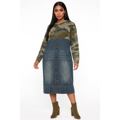 Oversized Camo And Denim Patchwork Hoodie Dress
