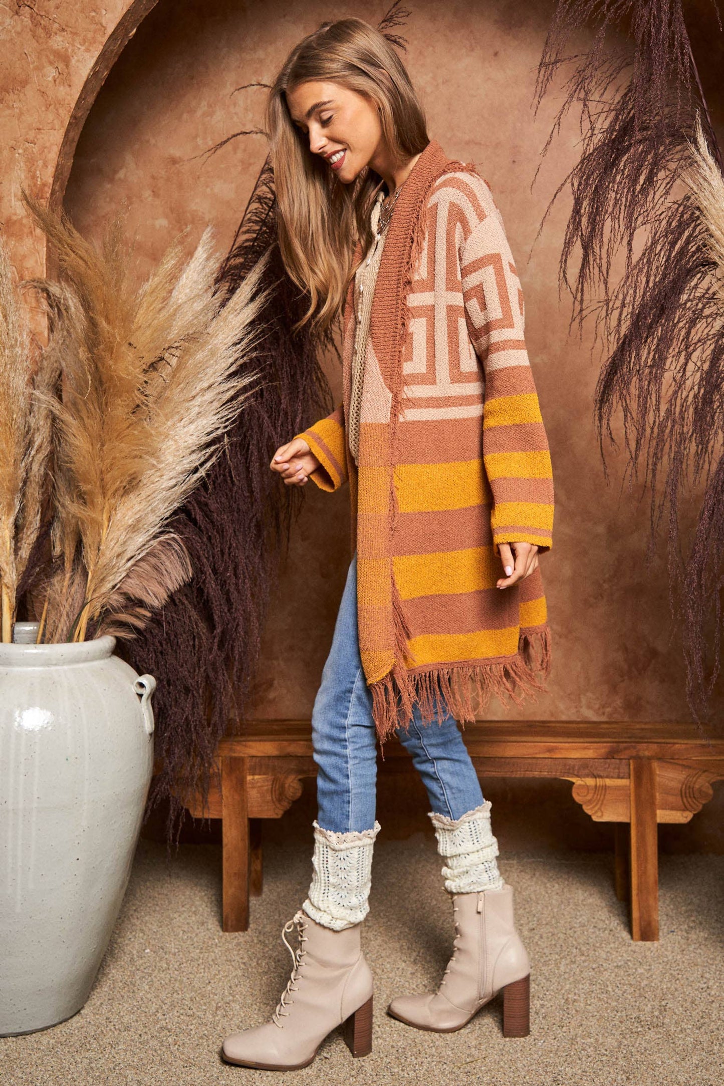 FRINGE GEOMETRIC STRIPE CARDIGAN