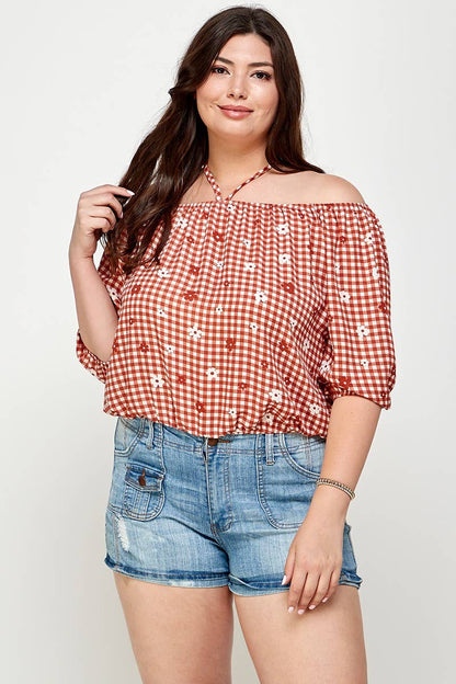 Black -The Curvy Checkered Off The Shoulder Top -