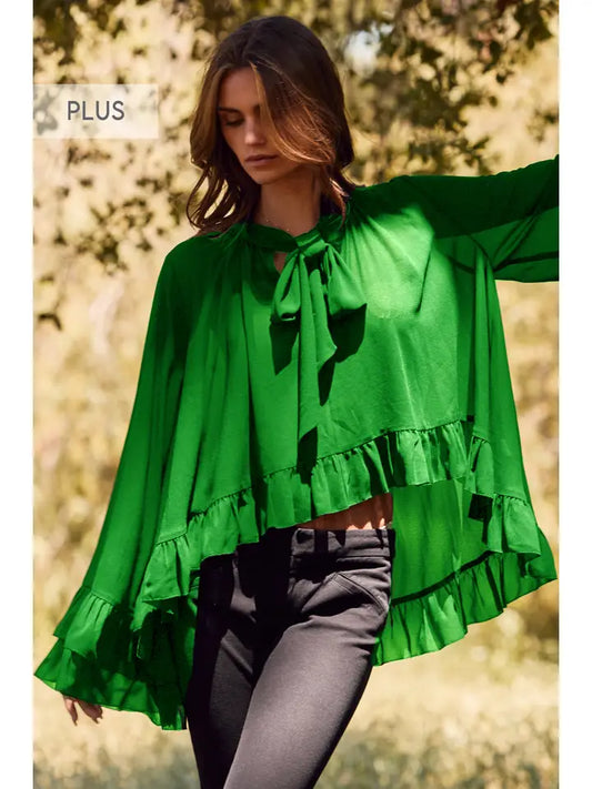 Curvy Jade Green Ruffled Chiffon Blouse