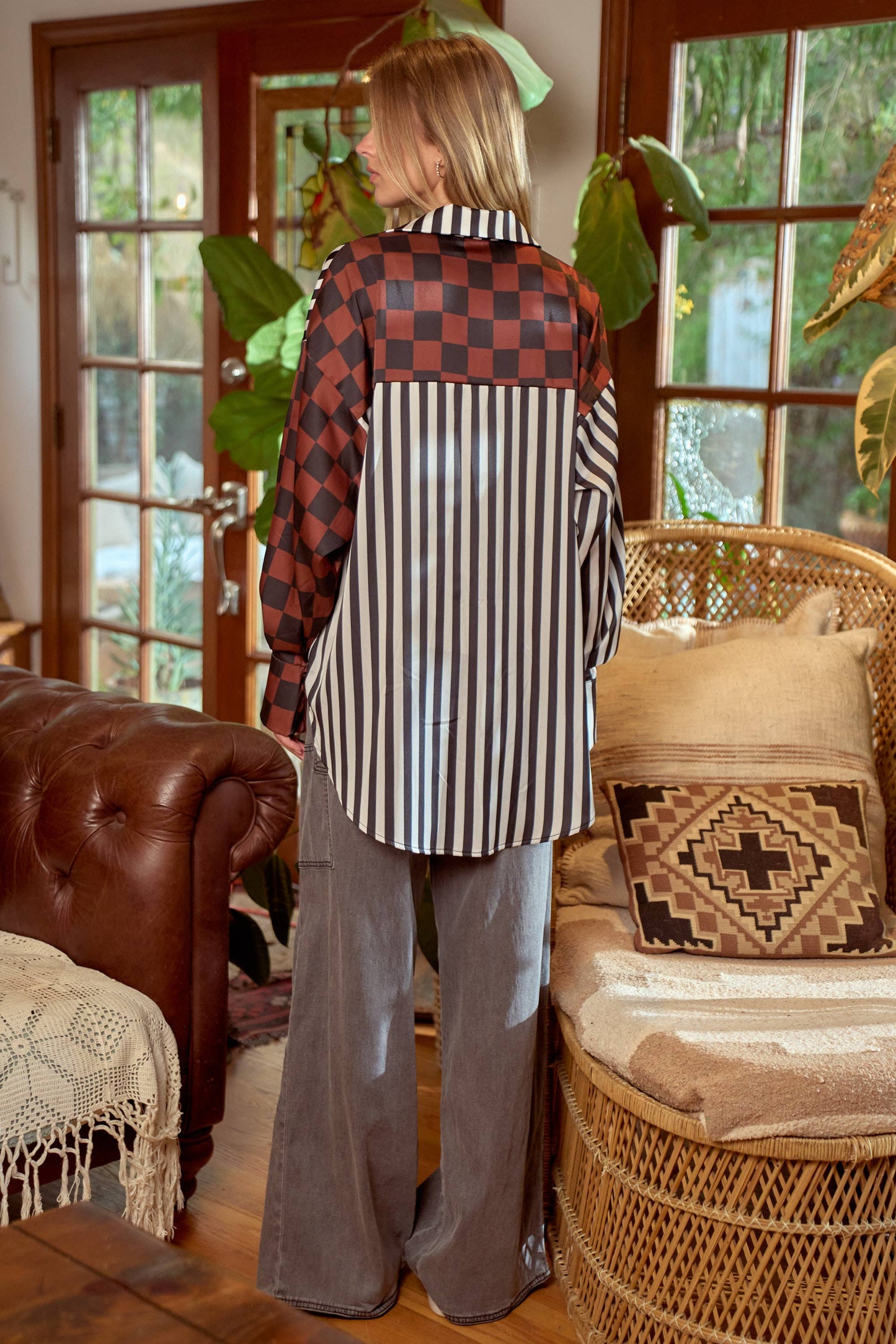 JADE BY JANE - PLUS SIZE SPLIT DECISION CHECKER-STRIPE BLOUSE