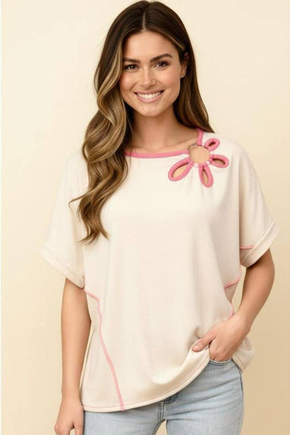 Oatmeal/Pink Floral Dolman Top