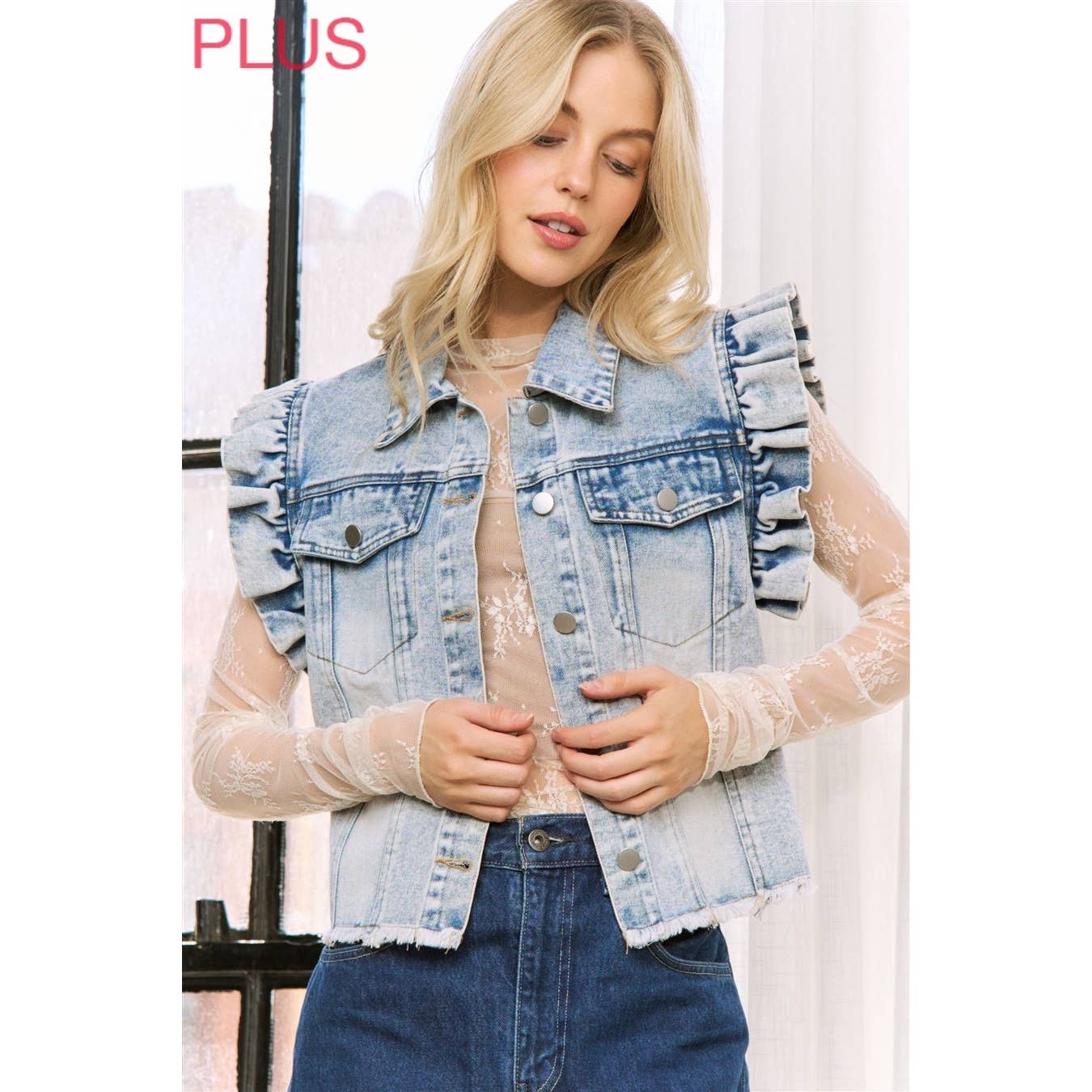 Sweet Generis - DENIM WASH VEST JACKET with ARMHOLE RUFFLE DETAILS