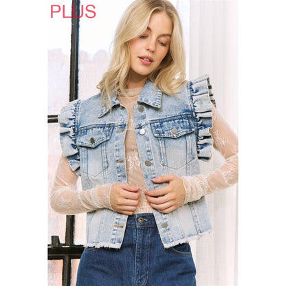 Sweet Generis - DENIM WASH VEST JACKET with ARMHOLE RUFFLE DETAILS