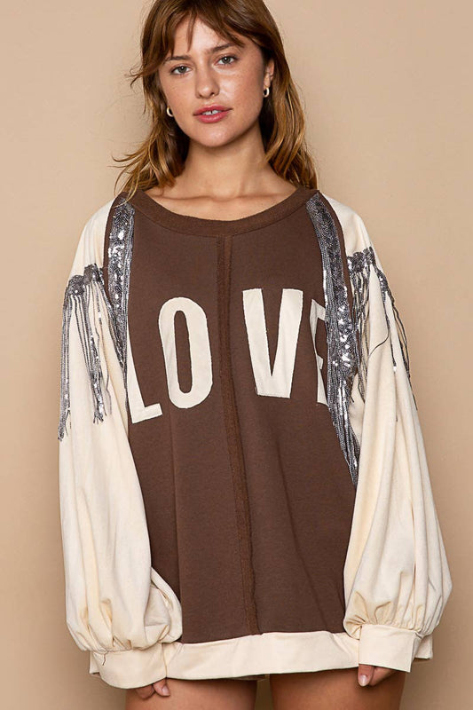 French Terry LOVE Letter Sequin Tassel Top