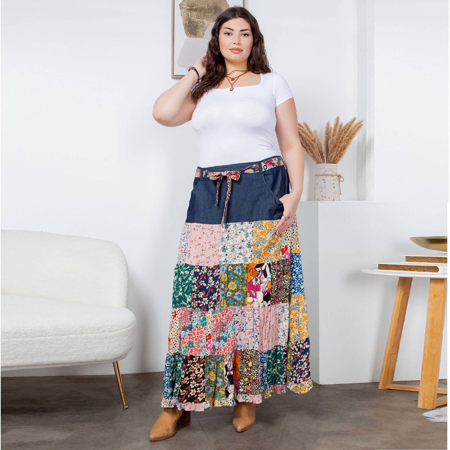 Western Boho Chic: Denim midi Skirt