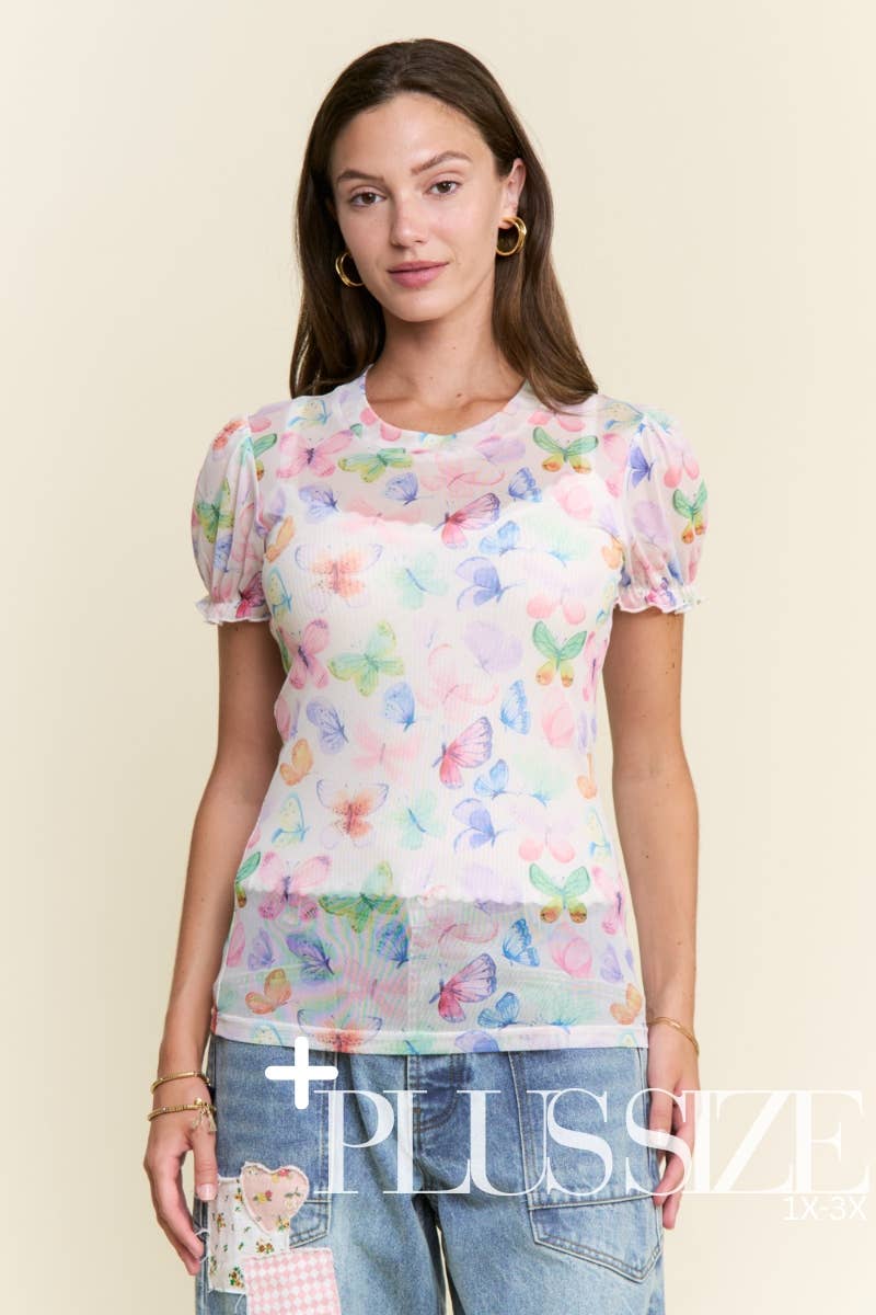 Pastel Butterfly Short Sleeve Mesh Top