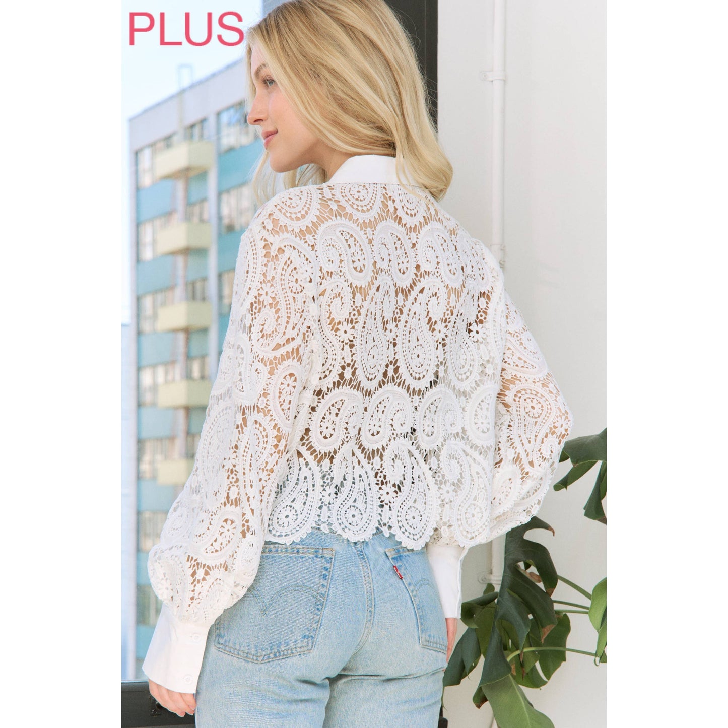 Sweet Generis - SHEER CROCHET SCALLOP EDGE CROP SHIRT BLOUSE