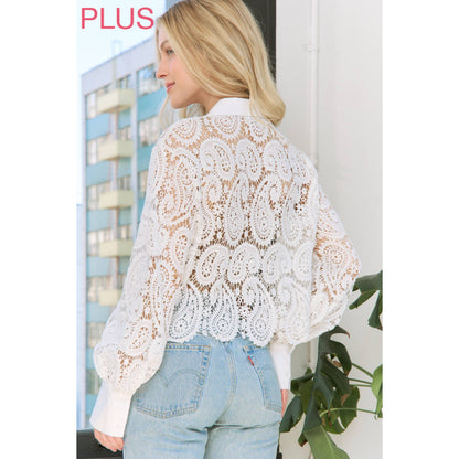 Sweet Generis - SHEER CROCHET SCALLOP EDGE CROP SHIRT BLOUSE