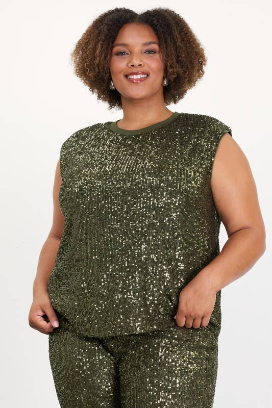 SKIES ARE BLUE - Curvy Olive Foil Cowl Neck Cami Top