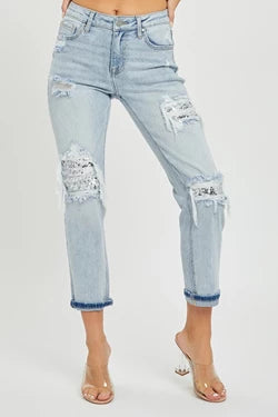 Curvy MID RISE SEQUINS PATCHED TAPERED JEANS