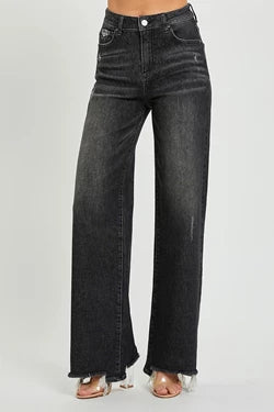 Curvy BLACK WASH HIGH RISE WIDE LEG JEANS