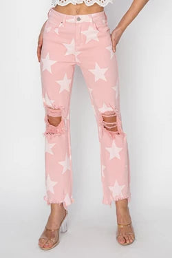 Curvy PINK HIGH RISE STAR PRINTED STRAIGHT PANTS