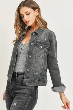 Curvy Gray Wash  Denim Jacket By Risen