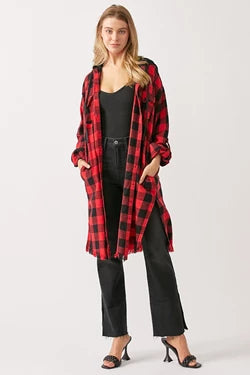 Curvy Red BUFFALO PLAID LONG SHIRT JACKET WITH HOODIE