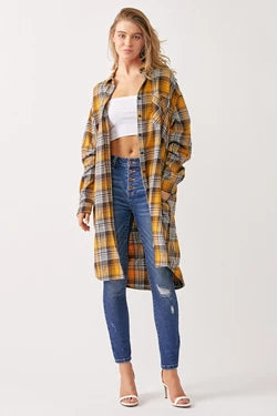Curvy Yellow BUFFALO PLAID LONG SHIRT JACKET