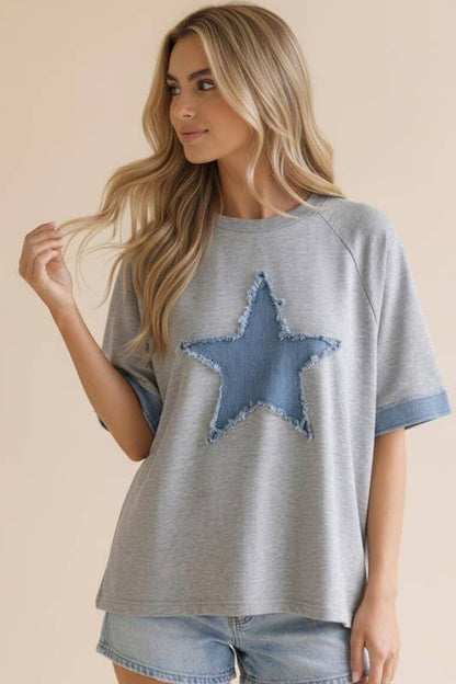 Denim Star Patchwork Washed French Terry Top