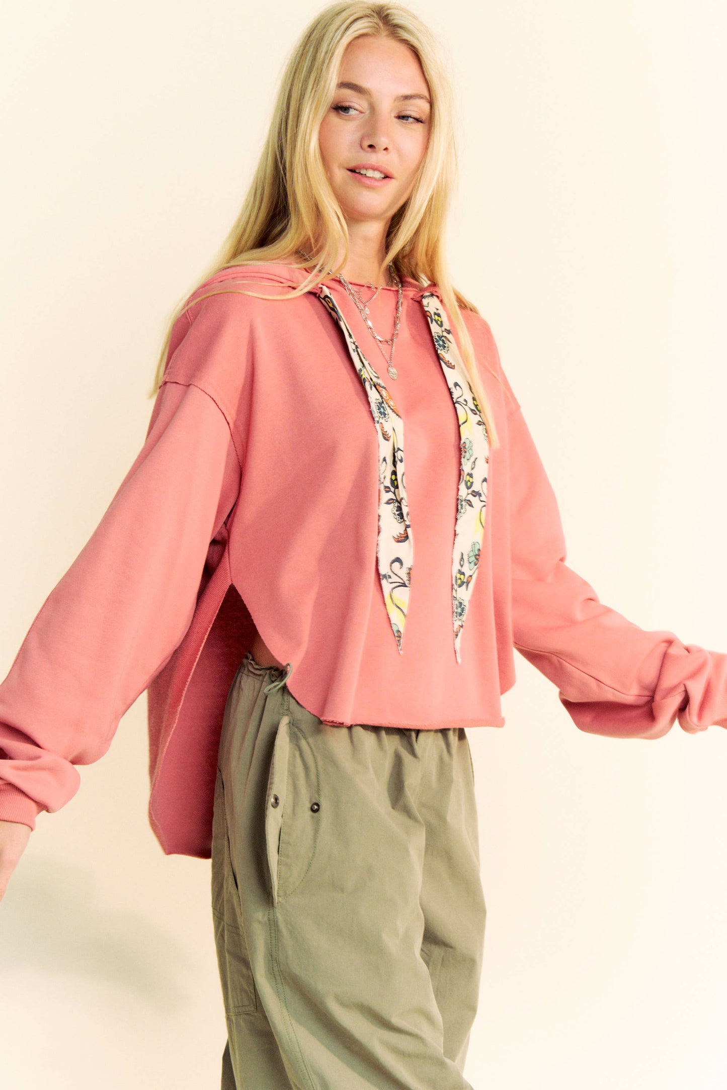 Coral - LONG SLEEVES PRINT TIE LOOSE FIT HOODIE TOP