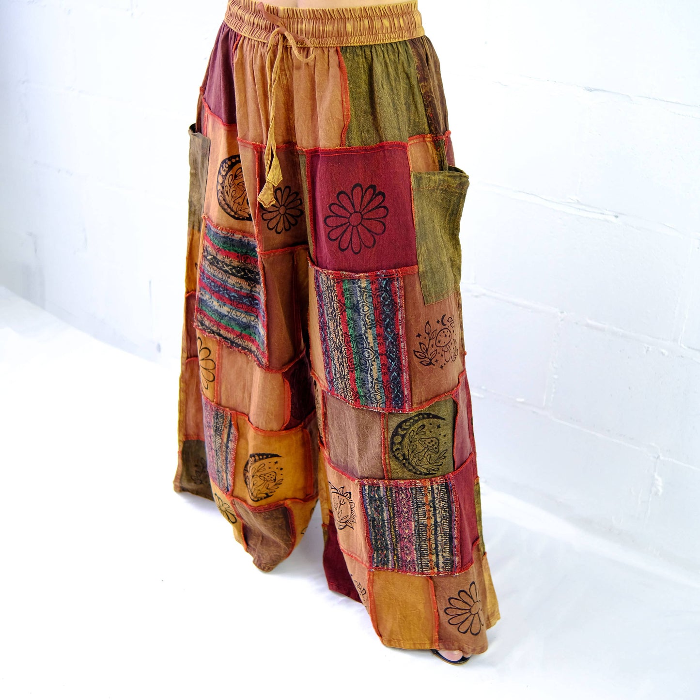 Cotton Patchwork Wide Leg Boho Pants