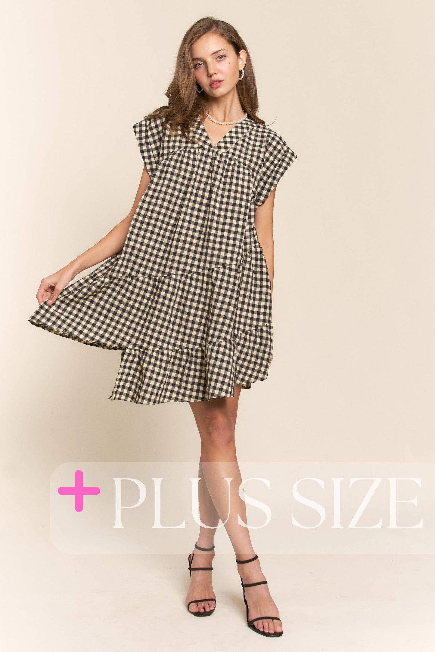 So Checkered V-Neck Short Sleeve Tiered Dress