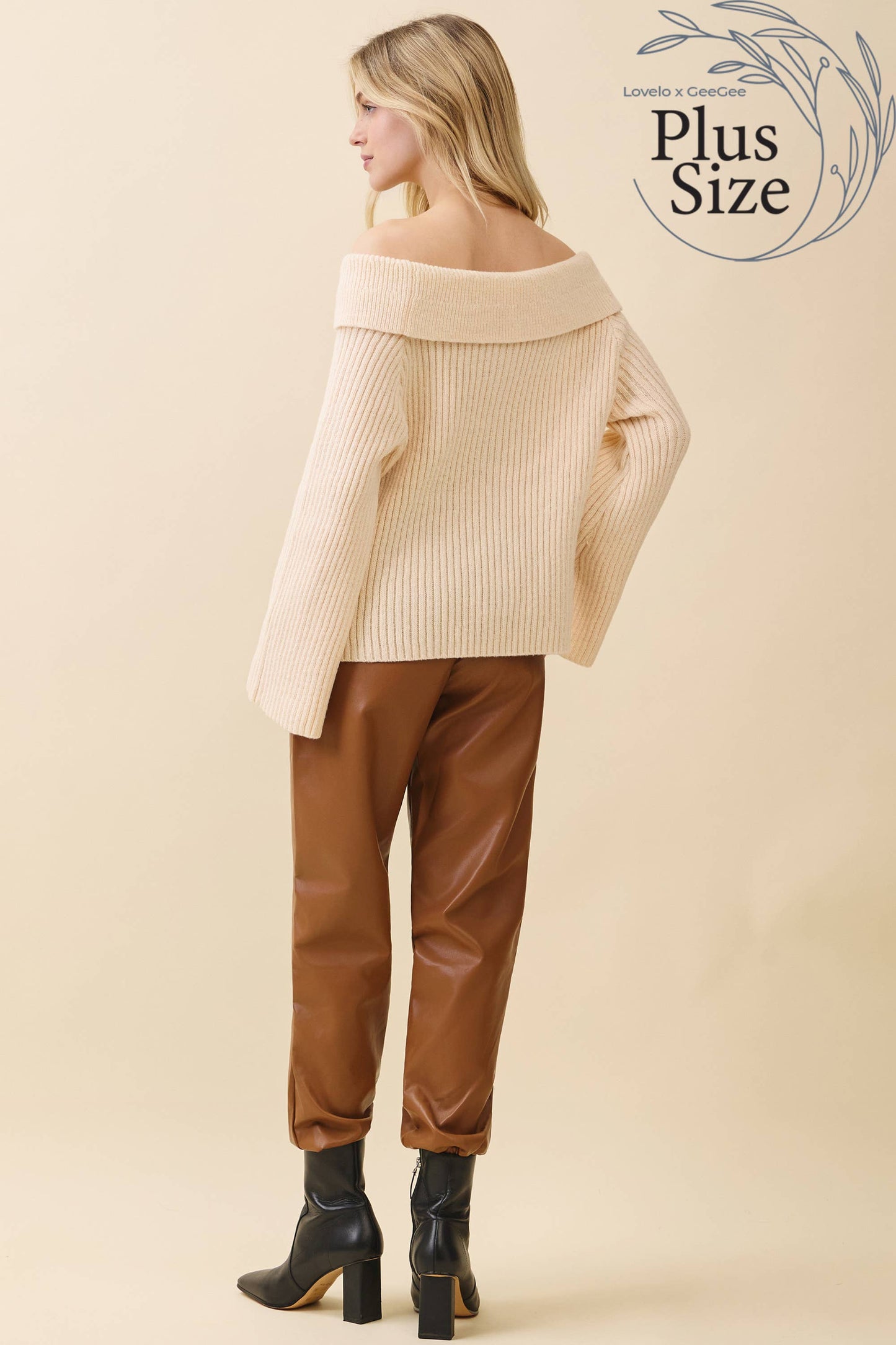 Cream- Curvy Elegant Off-Shoulder Ribbed Knit Top