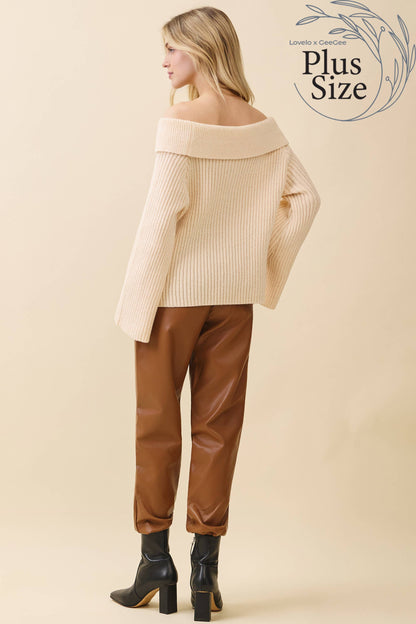 Cream- Curvy Elegant Off-Shoulder Ribbed Knit Top