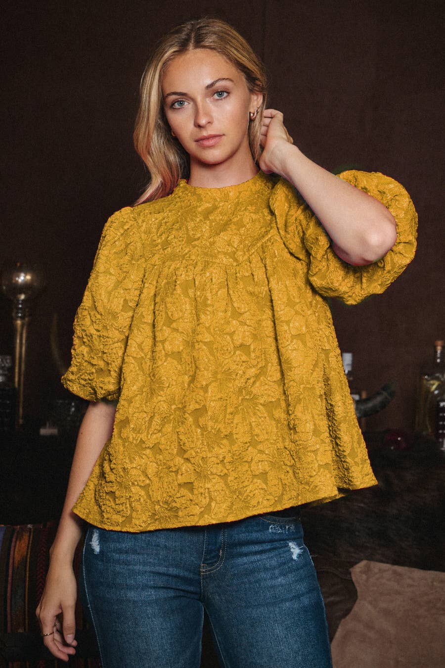 Plus Floral Jacquard Balloon Sleeve Blouse: Golden Olive