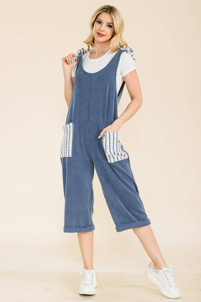 DENIM STRIPE URBAN RIBBED CAPRI JUMPSUIT