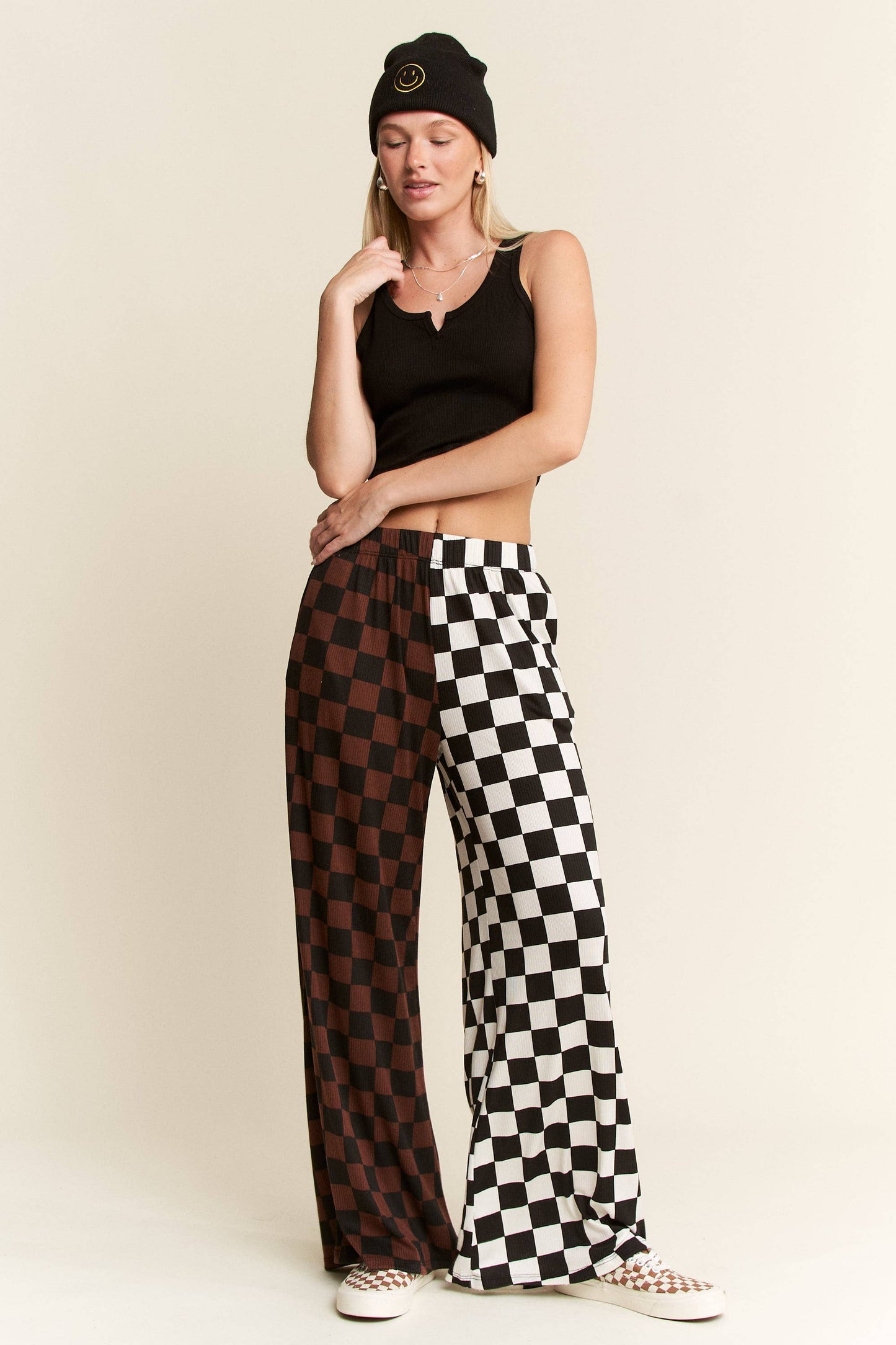 JADE BY JANE - PLUS SIZE SPLIT DECISION CHECKERED PANTS: Brown/Black