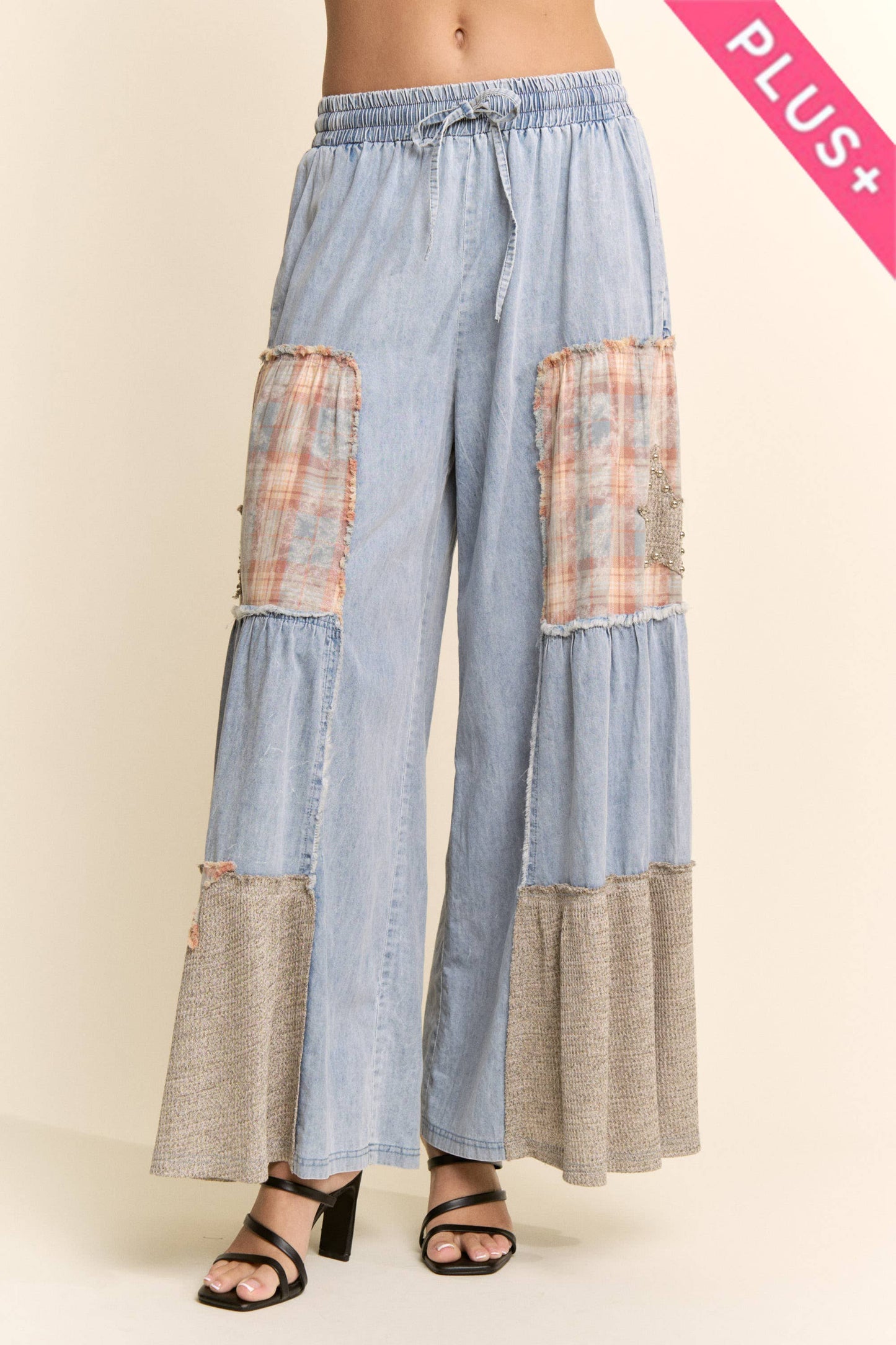 Davi & Dani - DENIM LACE BLOCKED WIDE LEG PANTS
