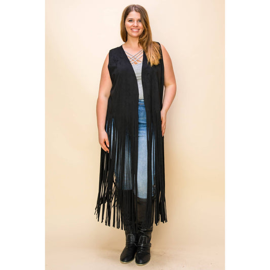BLACK CURVY SUEDE COWGIRL LONG FRINGE SLEEVELESS CARDIGAN