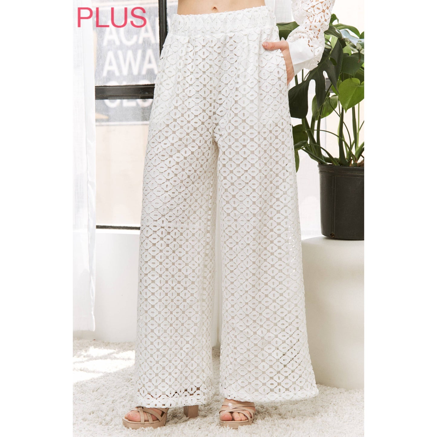 Sweet Generis- ELASTIC WAIST BAND CROCHET WITH WIDE LEG OPENING PANTS