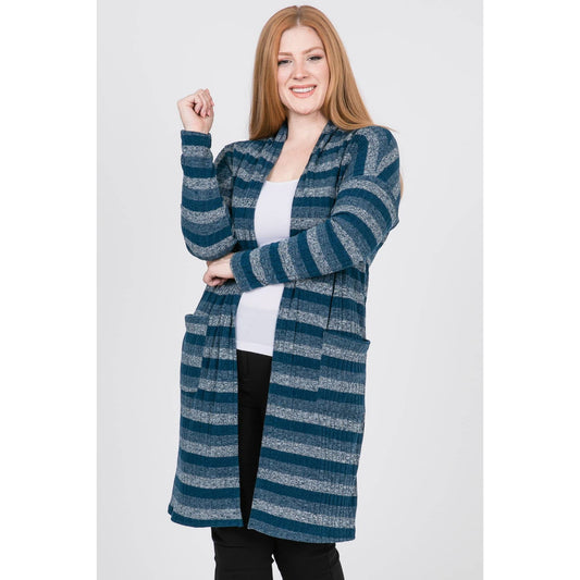TEAL STRIPE KNIT LONG SLEEVE CARDIGAN